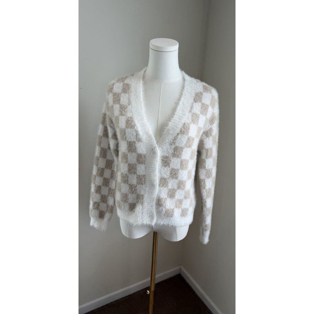Industry Cardigan XS Cream Beige Checkered Fuzzy Cropped Button Front Sweater - Picture 2 of 13